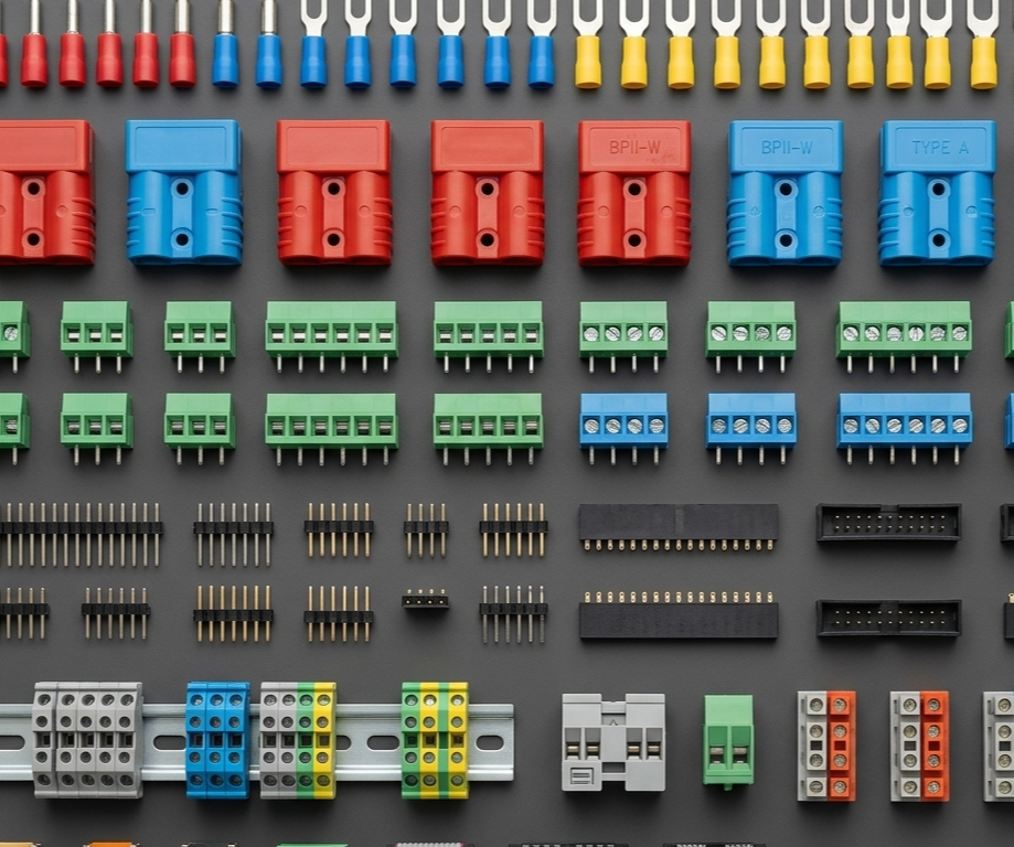 Assortment of electronic connectors and terminal blocks for various applications